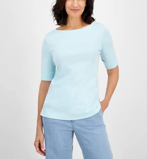 top Style & Co. Women's Boat-Neck Elbow Sleeve Cotton Top Macy's $14.99