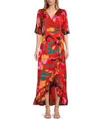 dress Sugarlips Love Abelia Satin Tropical Abstract Print V Neck Short Sleeve High-Low Ruffle Hem Midi Wrap Dress Dillard's $59.63