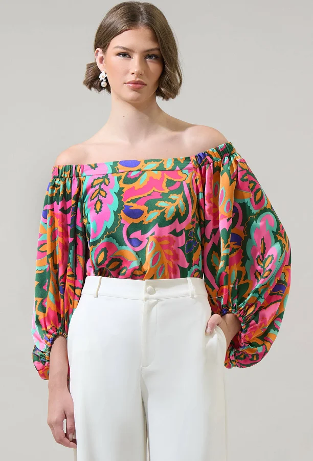 top Sugarlips Off-The-Shoulder Tropical Print Satin Blouse with Balloon Sleeves Sugarlips $60