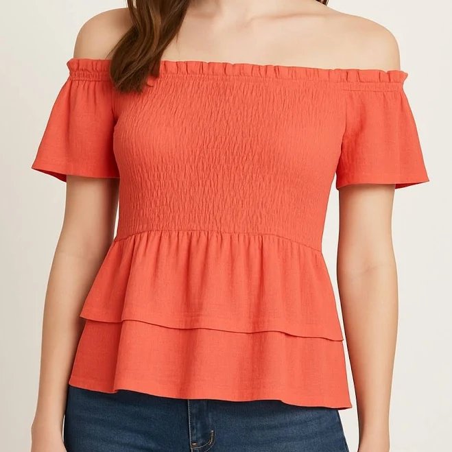 top Tommy Bahama Boho Off Shoulder Blouse Women Coral Smocked Ruffle eBay $34.99