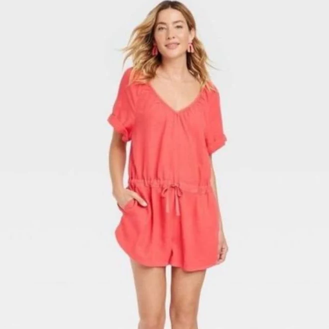 romper Universal Thread Pants & Jumpsuits | Universal Thread Short Sleeve Linen Blend Coral Romper | Color: Pink/Red | Size: 2X | Dinosaur154's Closet Poshmark $16