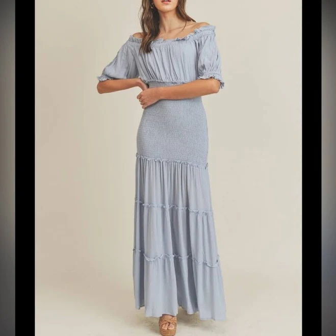 dress Vici Maxi Dress Powder Blue Off Shoulder Smocked Ruffle Tiered Skirt eBay - love9202007 $68