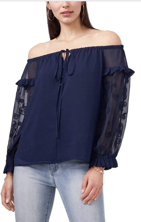 top Vince Camuto Womens Embroidered Blouson Sleeve Off Shoulder Peasant Top eBay $9.94
