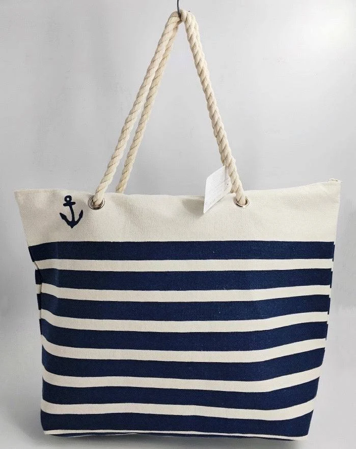 bag Women Large Tote Bag with Rope Handles, Navy Striped Swim Pool Bag Large Tote, Arts and Crafts Beach Tote Bag BBCrafts $6.99