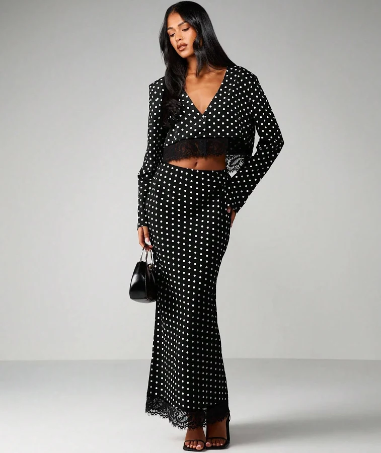 polka dots outfits Women MISSGUIDED Polka Dot Two Piece Set With Lace Trim Button Front Top And Maxi Skirt missguided $24.6