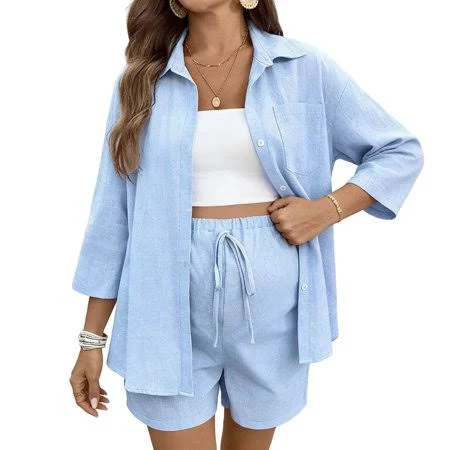 matching set Women Summer Maternity 2 Piece Sets Long Sleeve Button Down Shirts Beach Vacation Outfits Light Blue XL, Women's Walmart - Streamar $28.91