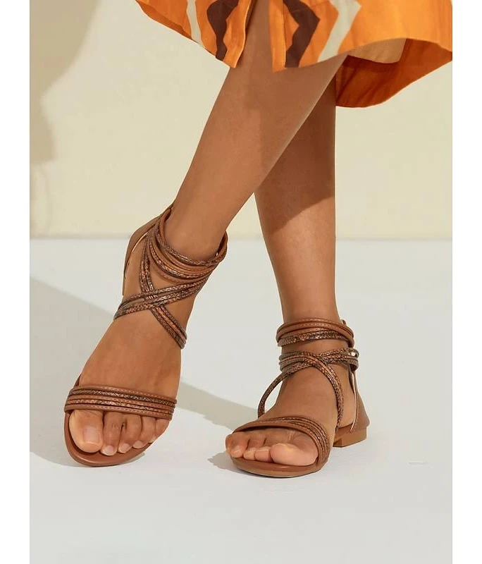 shoes Women's Boho Beach Braided Strap Flat Sandals in Tan Stylish Summer Comfort Footwear Ador.com $25