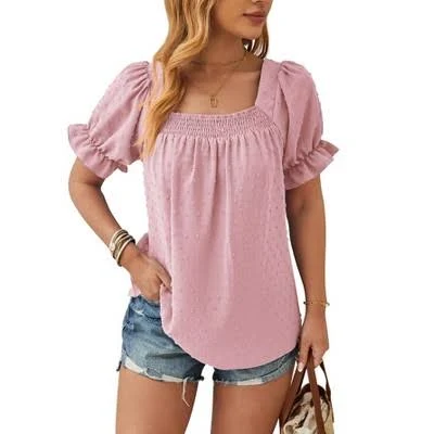 top Women's Dressy Casual Square Neck Puff Short Sleeve Pleated Ruffle Blouse Target $29.99