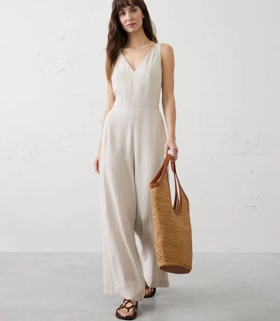 romper Women's Linen-Blend Vee-Neck Jumpsuit Banana Republic Factory $80