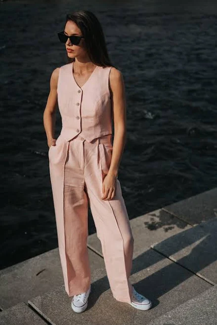 matching set Women's Linen High Waist Wide Leg Suit Set Etsy - DeIONESCU $158.77