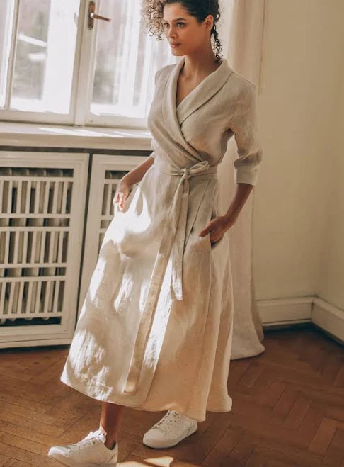 dress Women's Linen Shawl Collar Midi Dress with Pockets VisibleArt $154