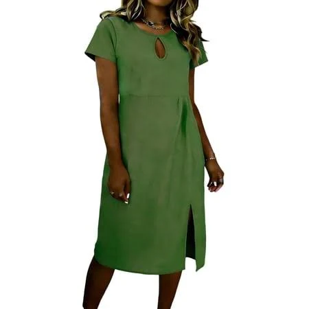 dress Women's Linen Short Sleeve Crewneck A-Line Dress with Side Split Walmart - CaiHuaHui Clothing Clearance $15.83