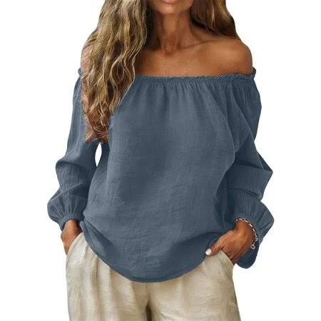 top Women's Off Shoulder Linen Blouse Walmart - TrendyDressLand $10.37