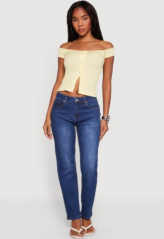 top Women's Off The Shoulder Rib Knit Top with Slit Front Rainbow Shops $7.99