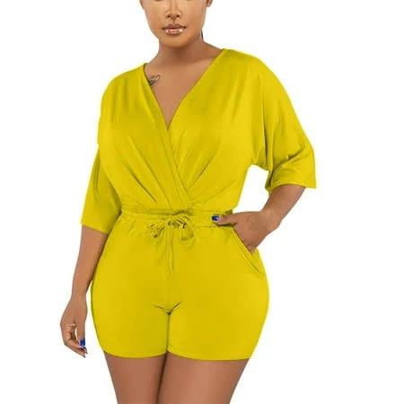 romper Women's Oversized V-Neck Short Sleeve Romper with Drawstring Waist Walmart - UsYezik $16.69