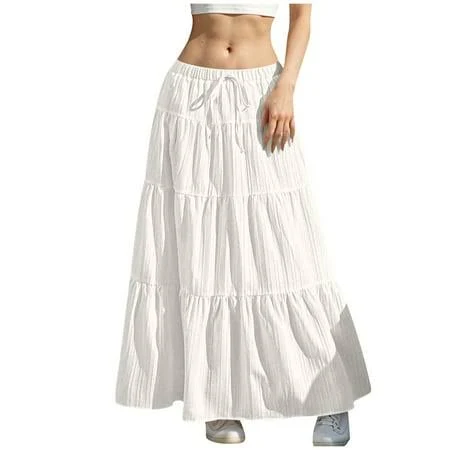 skirt Women's Ruffle Tiered Flowy Maxi Skirt with Elastic Waist and Drawstring Walmart - Fashion Outfits For You $7.99