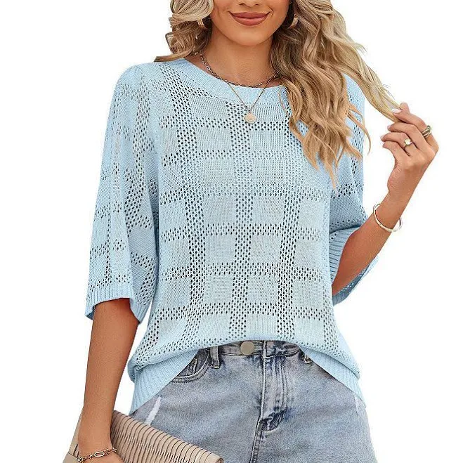 top Women's Short Sleeve Sweater Crochet Lightweight Crew Neck Casual Thin Knit Hollow Out Top, Size: Small, Light Blue Kohl's $29.99