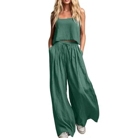 matching set Women's Sleeveless Linen 2 Piece Set with Pockets Walmart - Dazajoo $24.69
