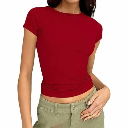 top Women's Slim Fit Ribbed Knit Crew Neck Short Sleeve Crop Top Walmart - Fashion Outfits For You $5.39