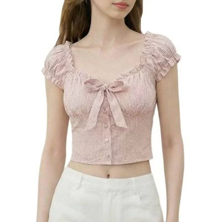 crop top Women's Sweetheart Neckline Crop Top with Puff Sleeves and Tie Front Detail Pink XL Walmart - Muse $20.86