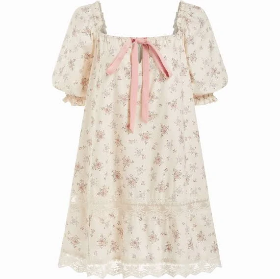 sundress Woven Cotton Square Neck Puff Sleeve Bowknot Mini Dress Cider $42.9