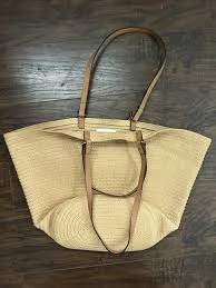 bag Woven Straw Tote with Brown Faux Leather Shoulder Straps eBay $30