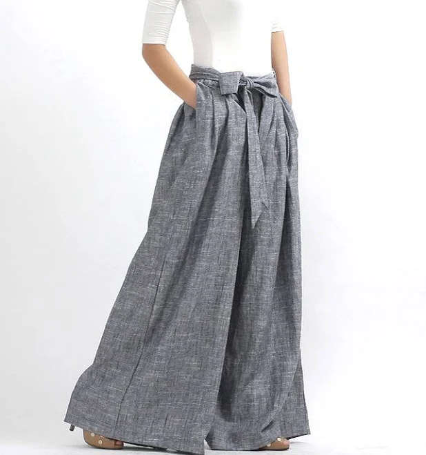 pants xiaolizi Handmade Gray Linen Wide-Leg Pants – High Waist Belted Trousers XiaoLizi $89