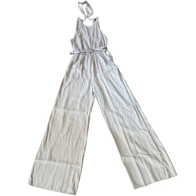 jumpsuit Zara Pants & Jumpsuits | Zara Wide Leg Halter Neck Jumpsuit Beige Linen Blend Tie Waist Belted | Color: Cream/Tan | Size: Xs | Ramasdiallo's Closet Poshmark $32