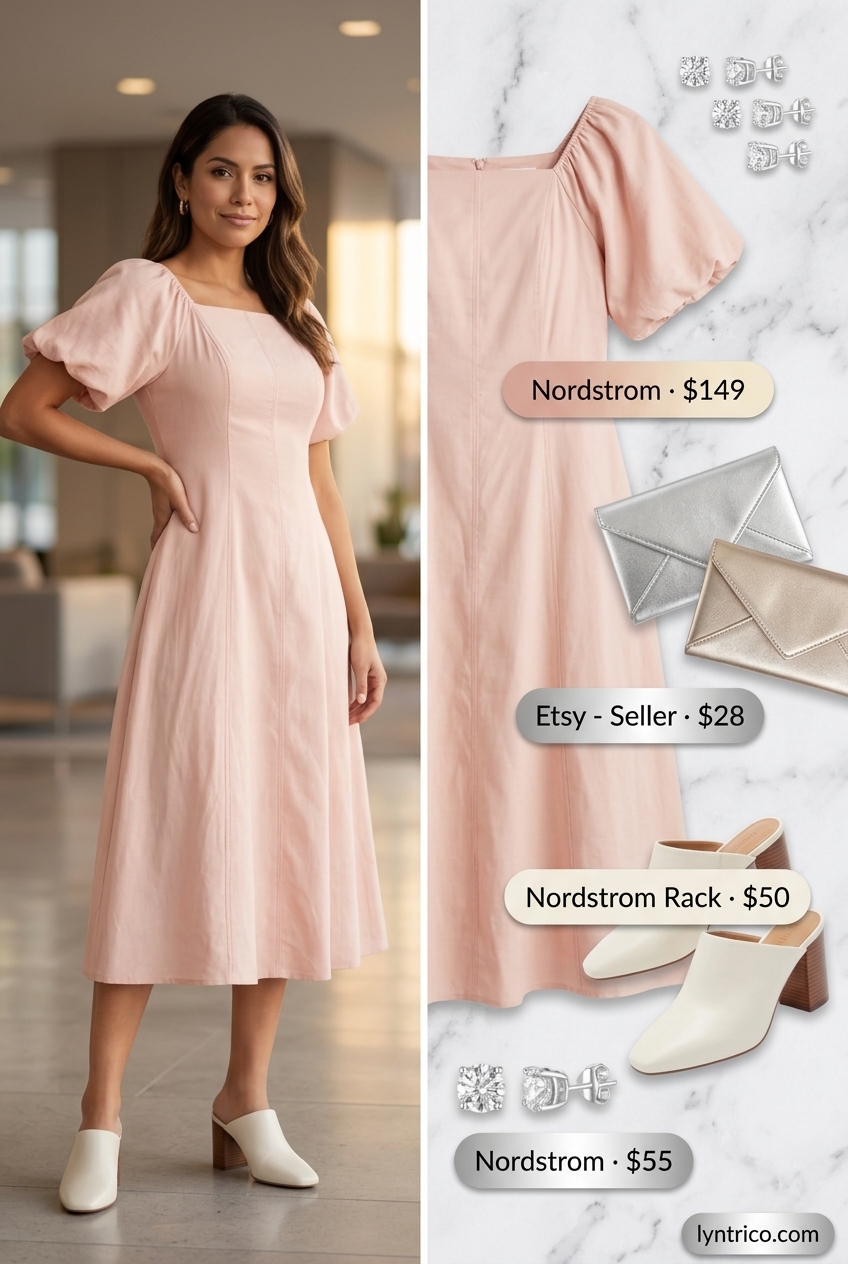 Professional summer office outfits for women 2026: Blush pink midi dress with cream block heels and silver clutch.