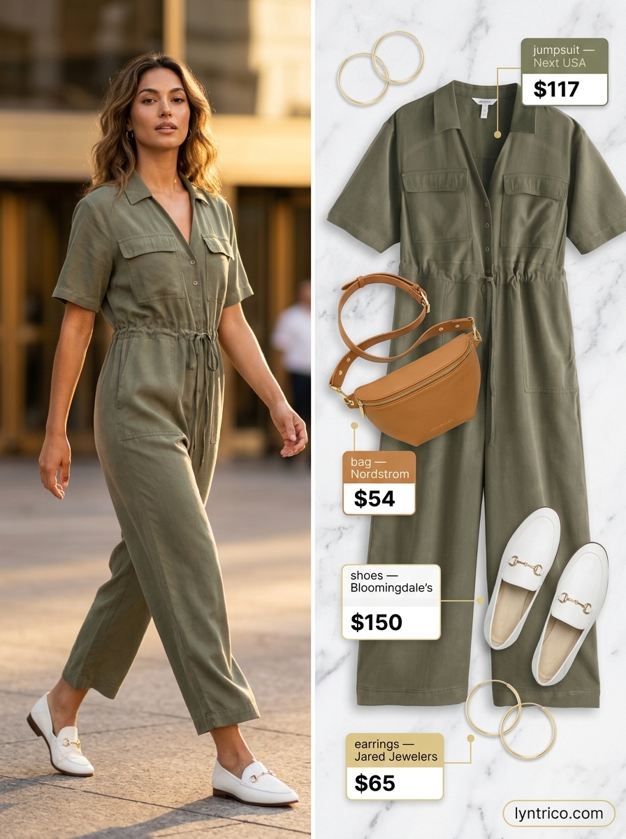 Professional summer office outfits for women 2026: Khaki utility jumpsuit with white loafers and gold hoop earrings.