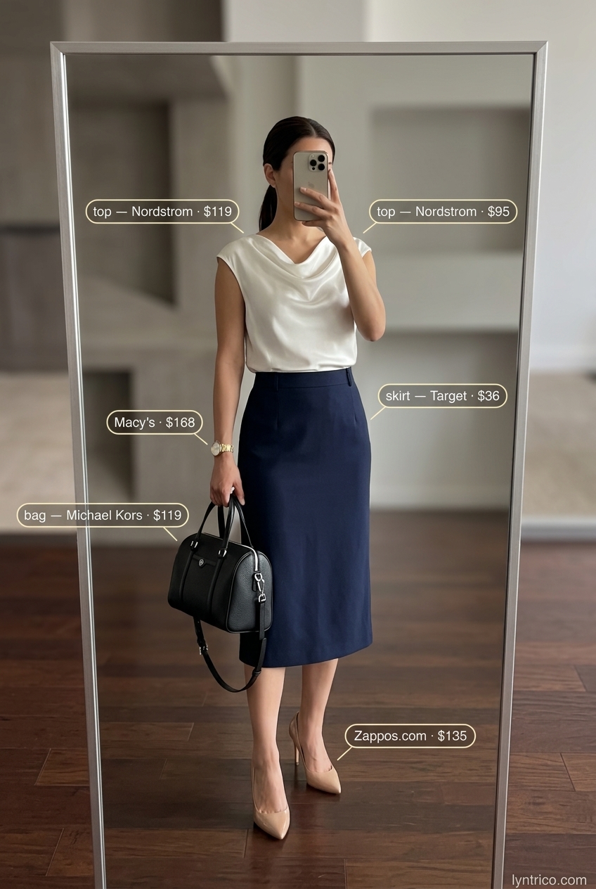 Professional summer office outfits for women 2026: Navy pencil skirt with ivory silk blouse, beige pumps, and black satchel.
