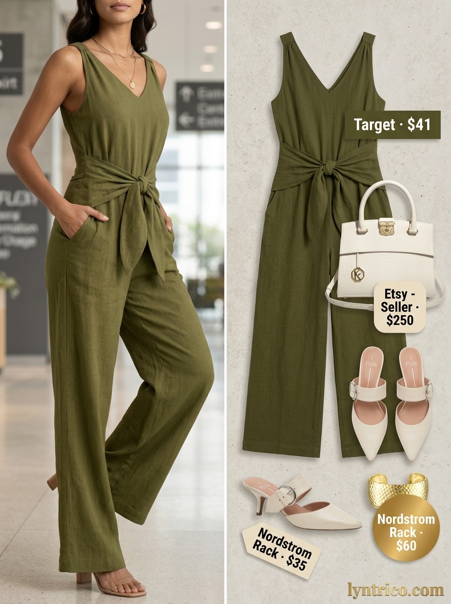 Professional summer office outfits for women 2026: Olive green linen jumpsuit with cream mules and gold cuff bracelet.