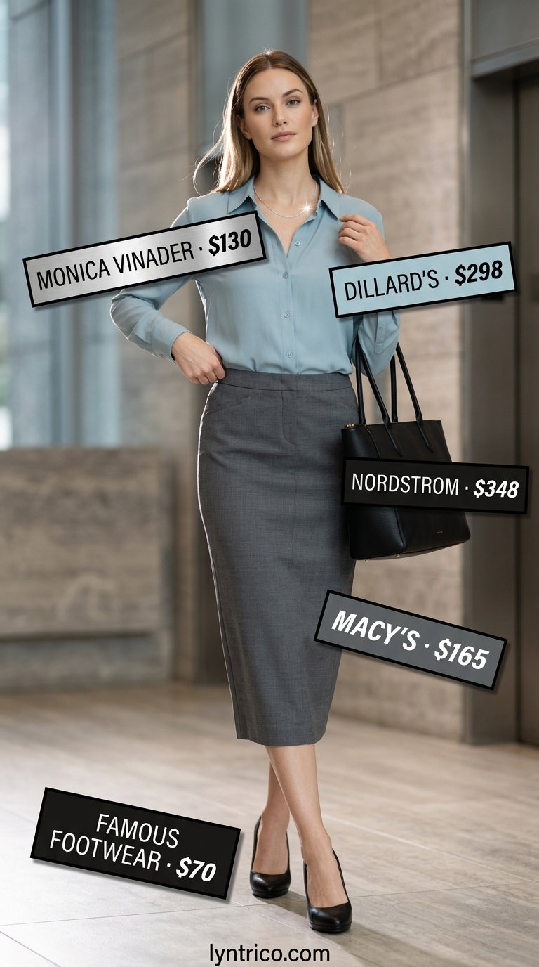 Professional summer office outfits for women 2026: Charcoal grey pencil skirt with a soft blue silk blouse and black pumps.
