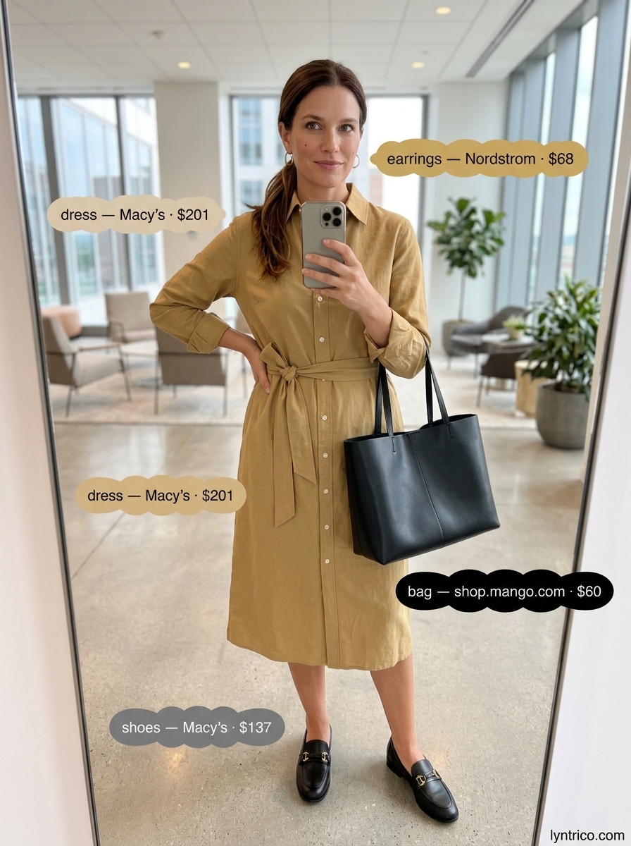 Professional summer office outfits for women 2026: Chic beige shirtdress with black loafers and a structured tote bag.