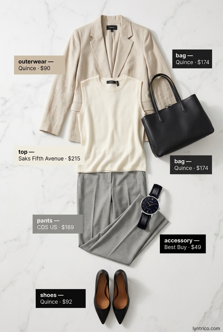 Professional summer office outfits for women 2026: Beige trousers, cream knit top, cream blazer, black pumps, and tote.