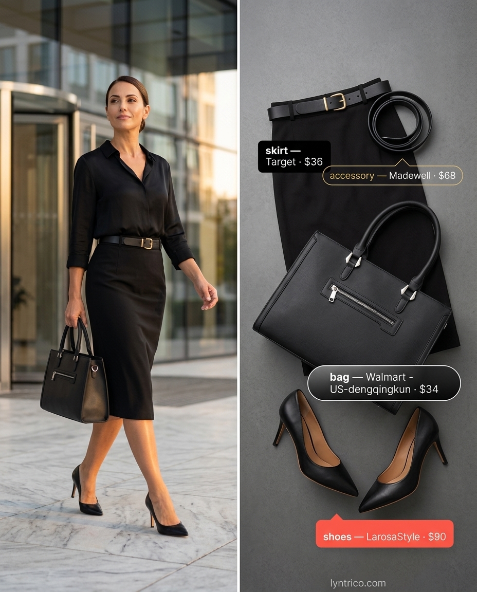 Professional summer office outfits for women 2026: Black skirt, coral blazer, white blouse, black pumps.