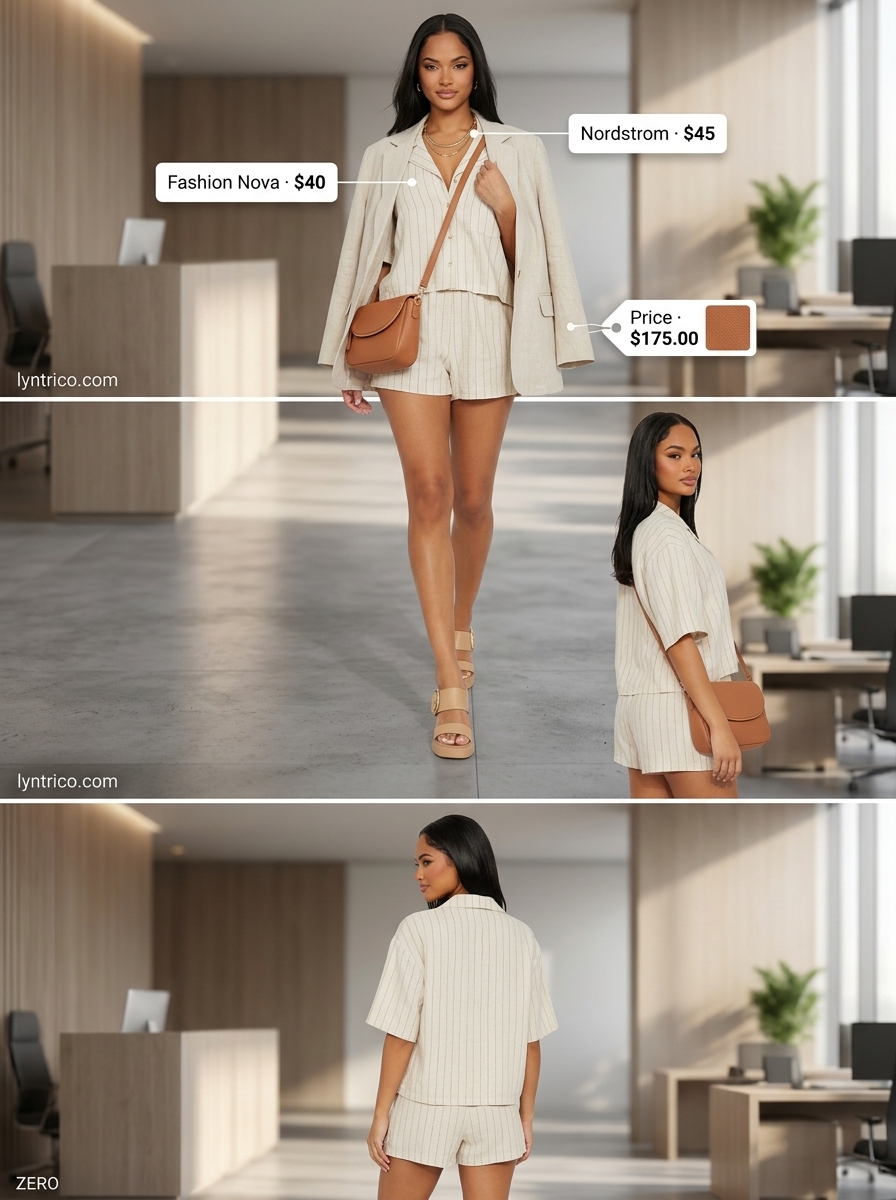 Professional summer office outfits for women 2026: Cream linen shorts set, block heel sandals, and crossbody bag.