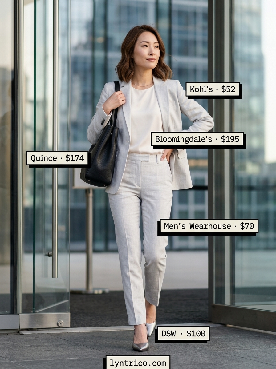 Professional summer office outfits for women 2026: Light grey blazer, white shell top, grey trousers, and silver pumps.