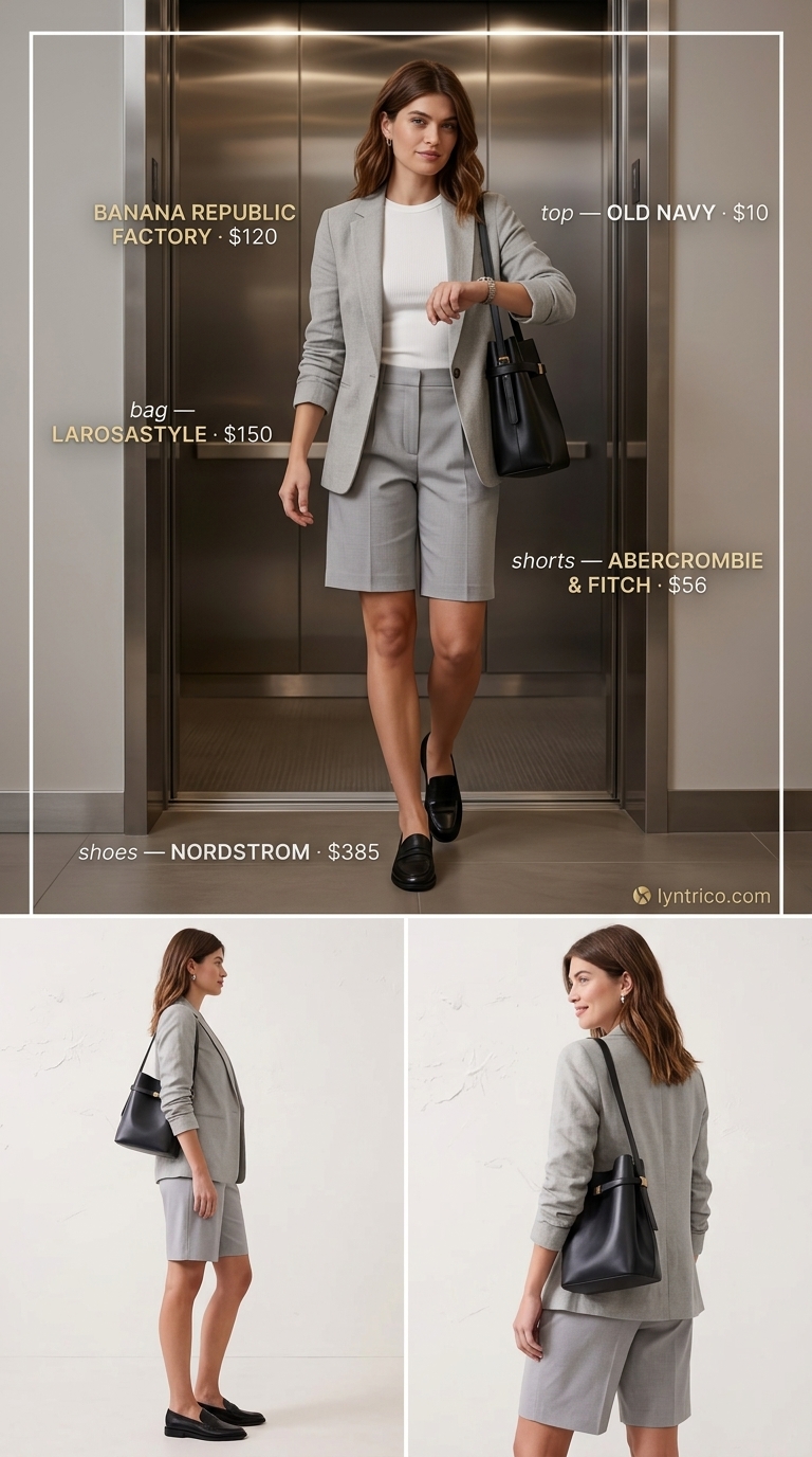 Professional summer office outfits for women 2026: Light grey shorts suit, white tee, loafers, and shoulder bag.