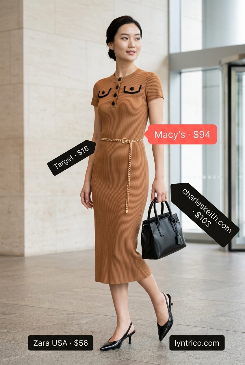 Professional summer office outfits for women 2026: Camel knit midi dress, black bag, gold belt, black heels.