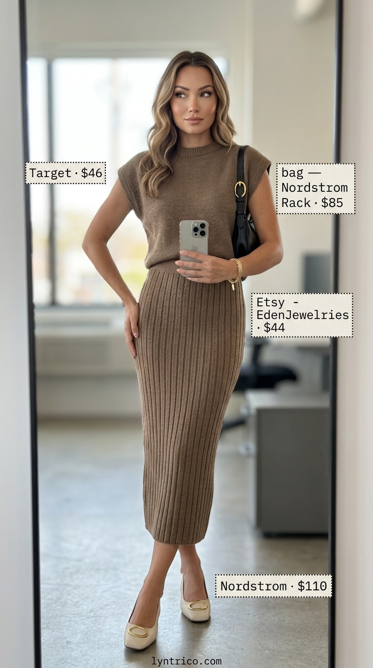 Professional summer office outfits for women 2026: Taupe knit set, black bag, cream pumps, gold bracelet.