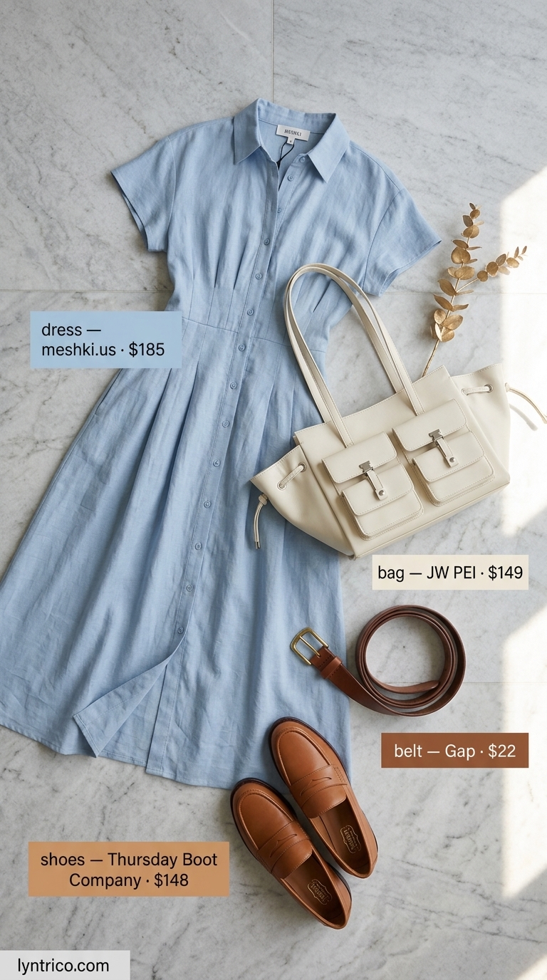 Professional summer office outfits for women 2026: Light blue shirt dress, tan belt, loafers, and white tote.