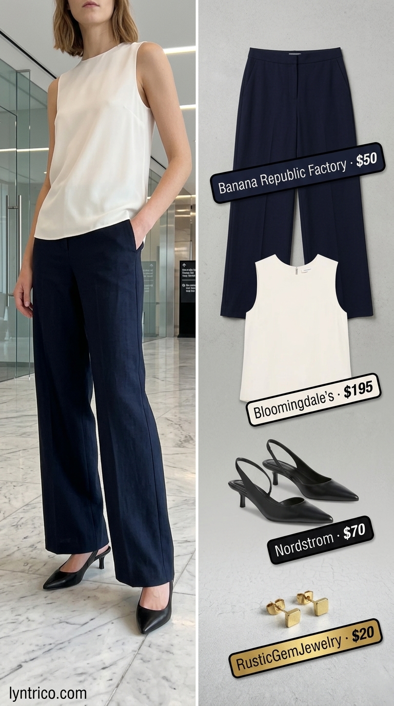 Professional summer office outfits for women 2026: Navy wide-leg trousers, ivory shell top, black heels.