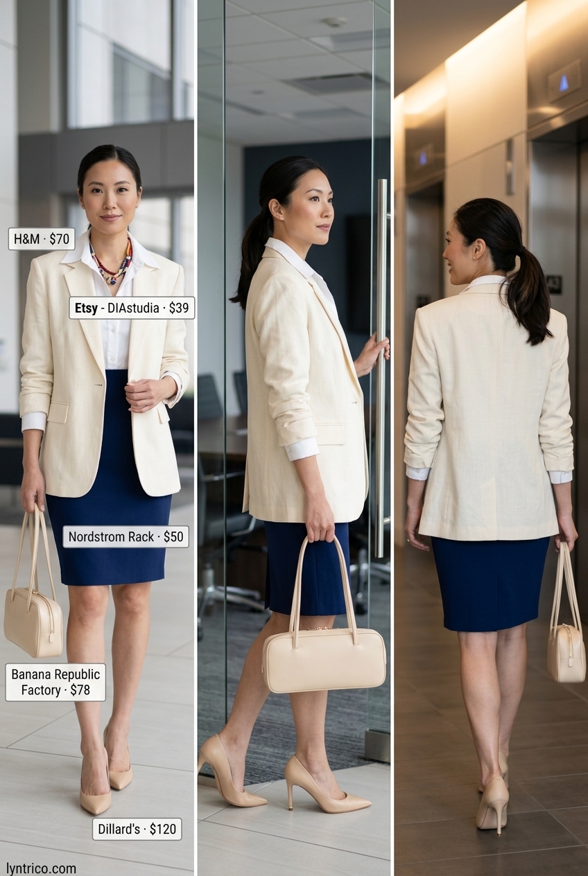 Professional summer office outfits for women 2026: Navy sheath dress, cream blazer, nude pumps, and structured tote.