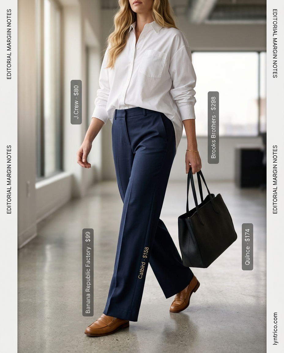 Professional summer office outfits for women 2026: Navy wide-leg trousers, white oversized shirt, tan loafers, and tote.