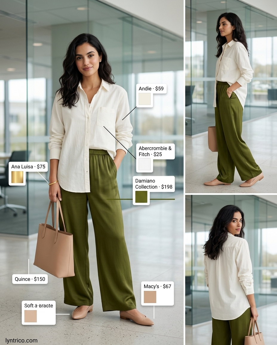 Professional summer office outfits for women 2026: Olive green wide-leg pants, white shirt, beige flats, and tote.