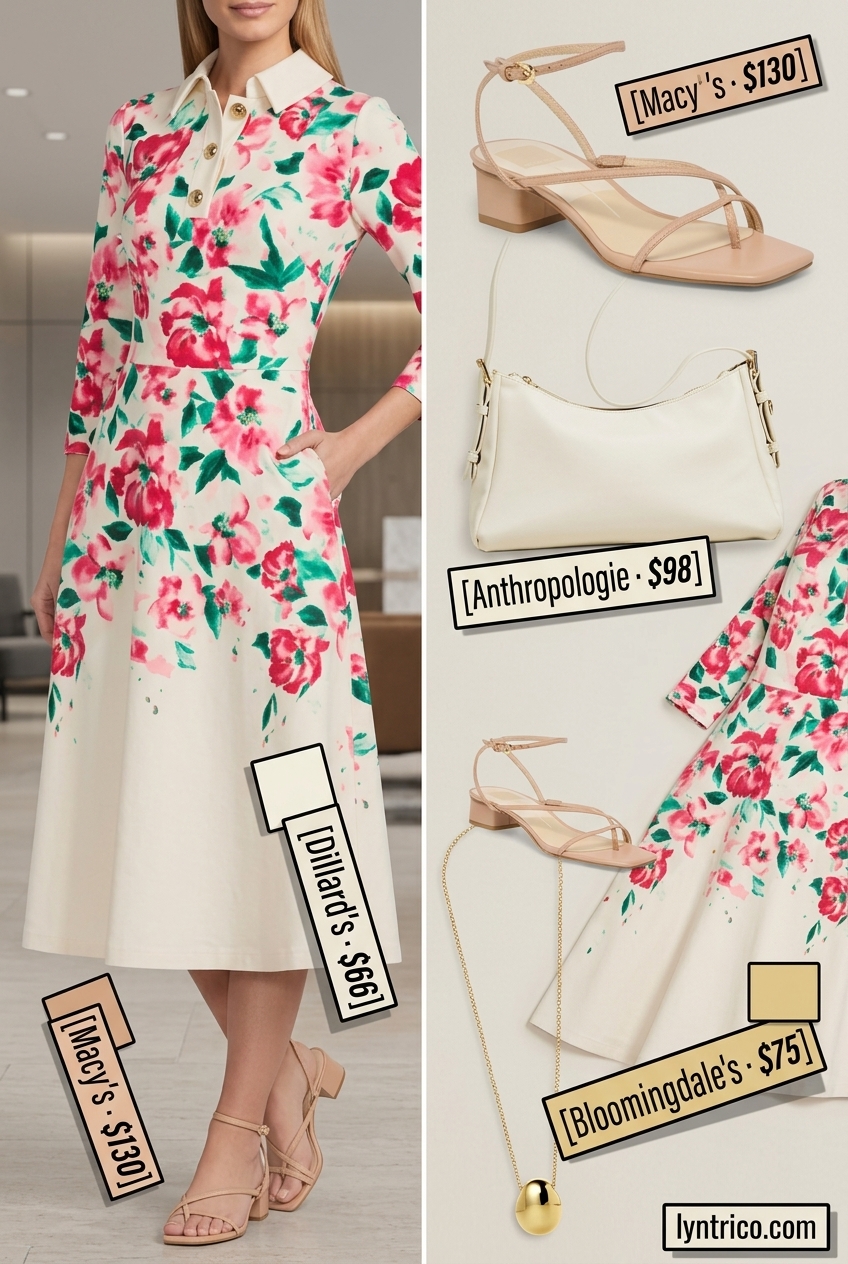 Professional summer office outfits for women 2026: Blush pink floral midi dress, nude sandals, white bag, and gold necklace.