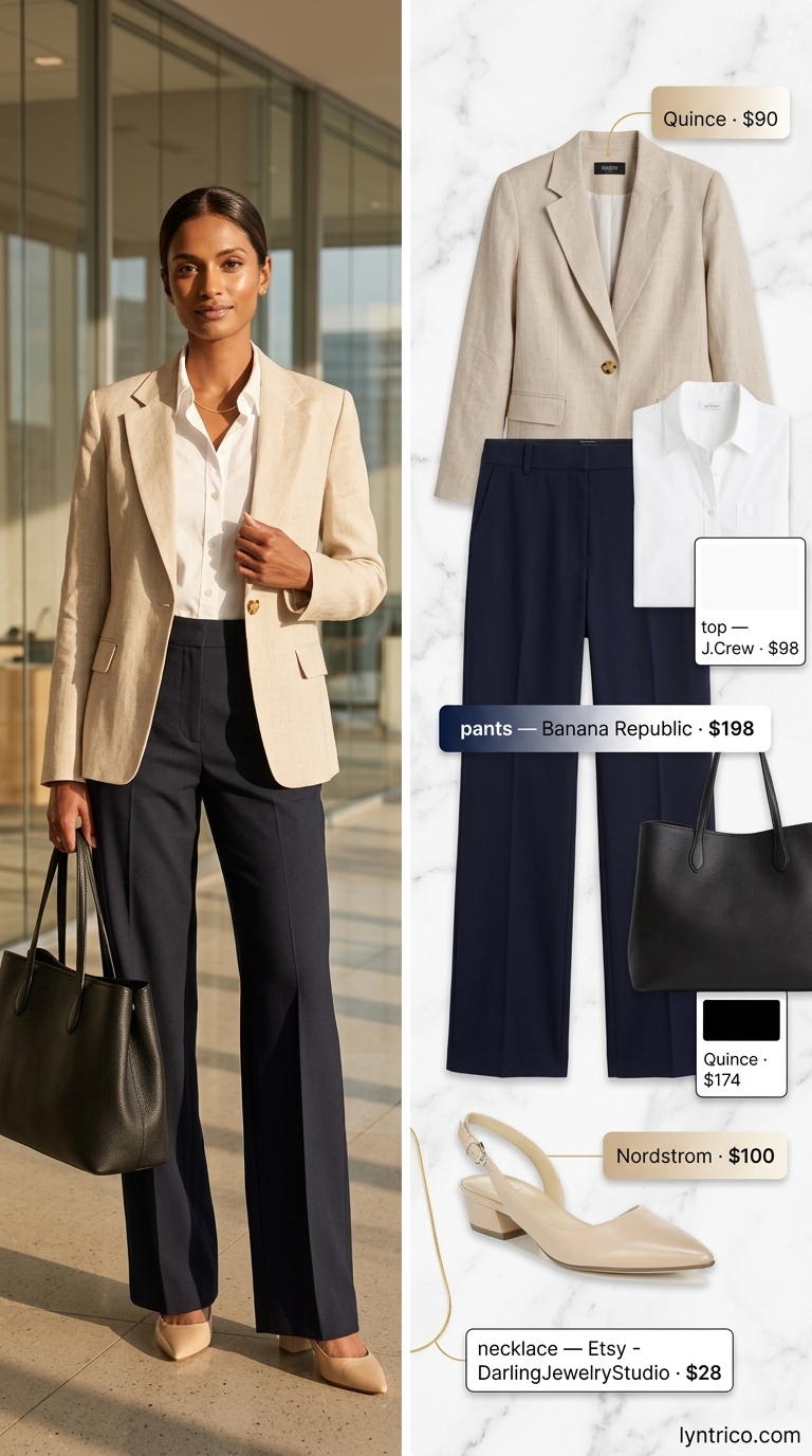 Professional summer office outfits for women 2026: Navy trousers, beige blazer, white shirt, nude heels.