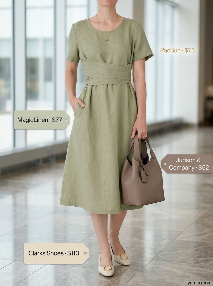Professional summer office outfits for women 2026: Sage green linen dress, cream slingbacks, tan tote, and gold necklace.