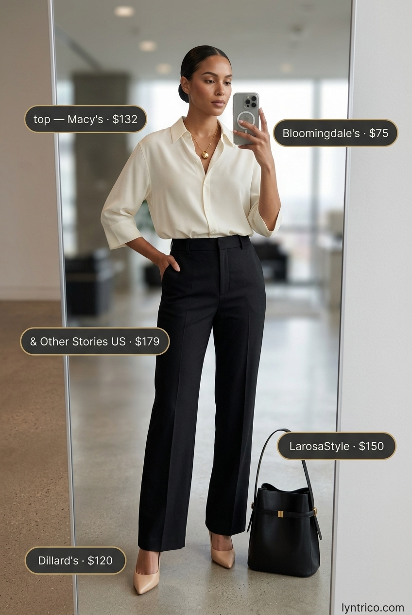 Professional summer office outfits for women 2026: Black trousers, cream silk blouse, beige pumps, gold necklace.
